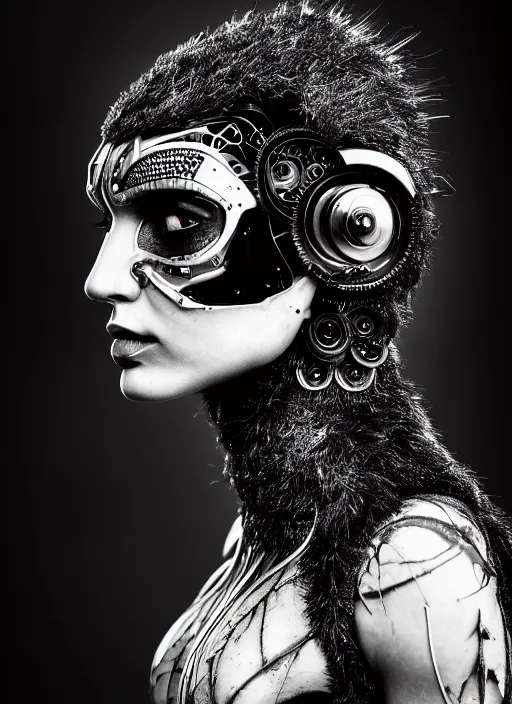 Image similar to a profile portrait, a stunning young mutant cyborg - crow woman, editorial photography, bw, shot on 7 0 mm, depth of field, f / 2. 8, high contrast, 1 6 k, volumetric lighting, shiny, insanely detailed and intricate, hypermaximalist, elegant, ornate, hyper realistic, super detailed