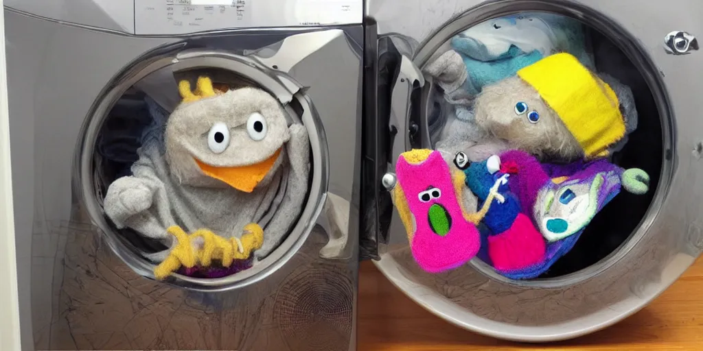 Prompt: “ silly monster eating socks in dryer by jim henson ”