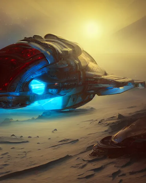 Prompt: legendary space ship, ice fish shape, desert planet, alien technology, cinematic, highly detailed, large blue engines, scifi, intricate digital painting, interesting angle, red glow, illustration, artstation, by johnson ting, jama jurabaev