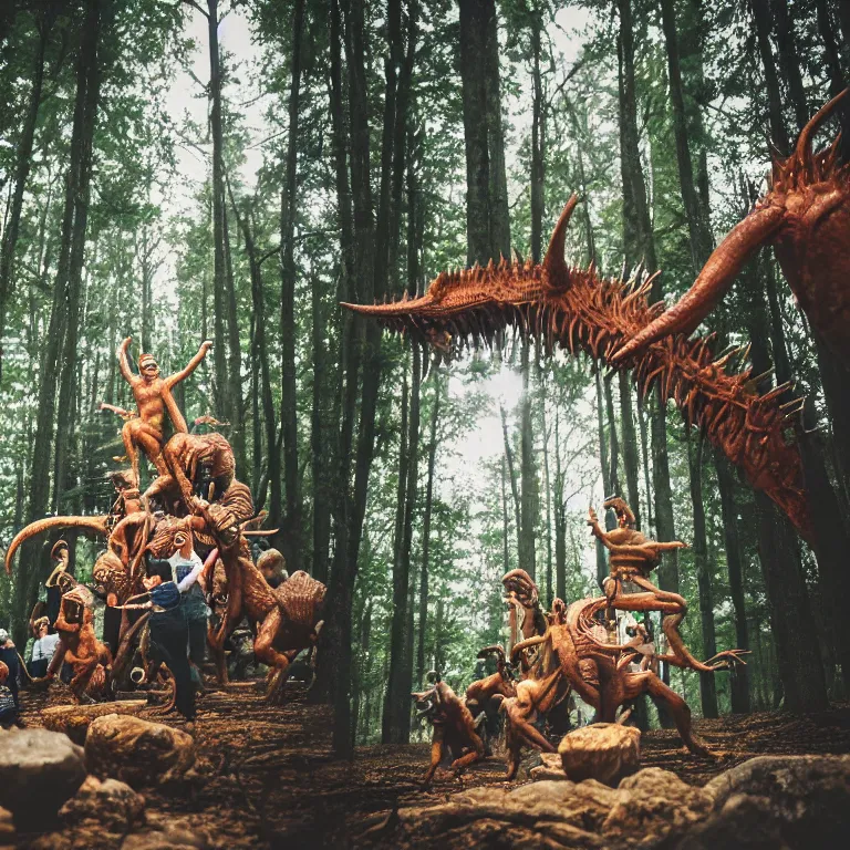 Prompt: 8 5 mm f 1. 8 lit edges, photo, hyper detailed, neanderthal people celebrating first contract with aliens!, eating sushi, surrounded by dinosaurs!, gigantic forest trees, sitting on rocks, bonfire, zoom on alien face, michael jackson moon dance, ice! cream! truck!