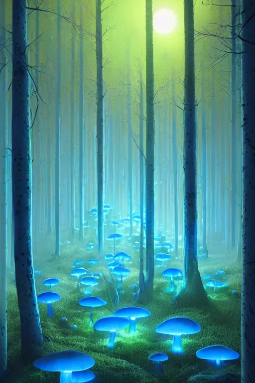 Prompt: blue mushrooms glowing blue. Forest at night lit by eerie blue glow.Digital painting. Beeple. Noah Bradley. Cyril Roland