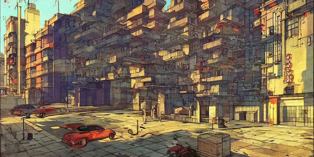 Image similar to neo brutralism, concrete housing, concept art, colorful, vivid colors, light, shadows, reflections, 3D, in the style of Akihiko Yoshida and Edward Hopper