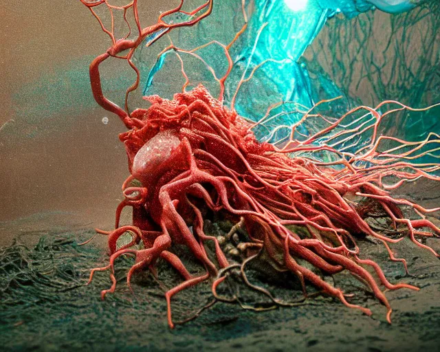 Prompt: complex creature with semi-translucent scales gills and fins, covered in worms electronic wires, electricity worm hole, plastic sea wrapped, creature tree roots strangled, water splash, flowing, coral, glass debris pieces, dust particles, dramatic lighting, electronic wires, fire sparks, high resolution photo,