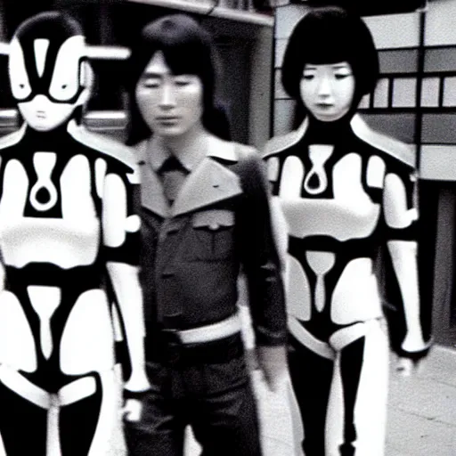 Image similar to japanese 70s black and White TV show, Photorealistic, cyborg superheroes walking the streets of Shinjuku