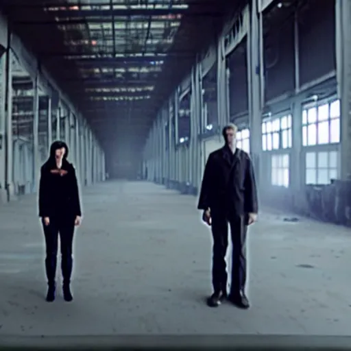 Prompt: replicants standing in an abandoned factory, still from closed circuit tv footage