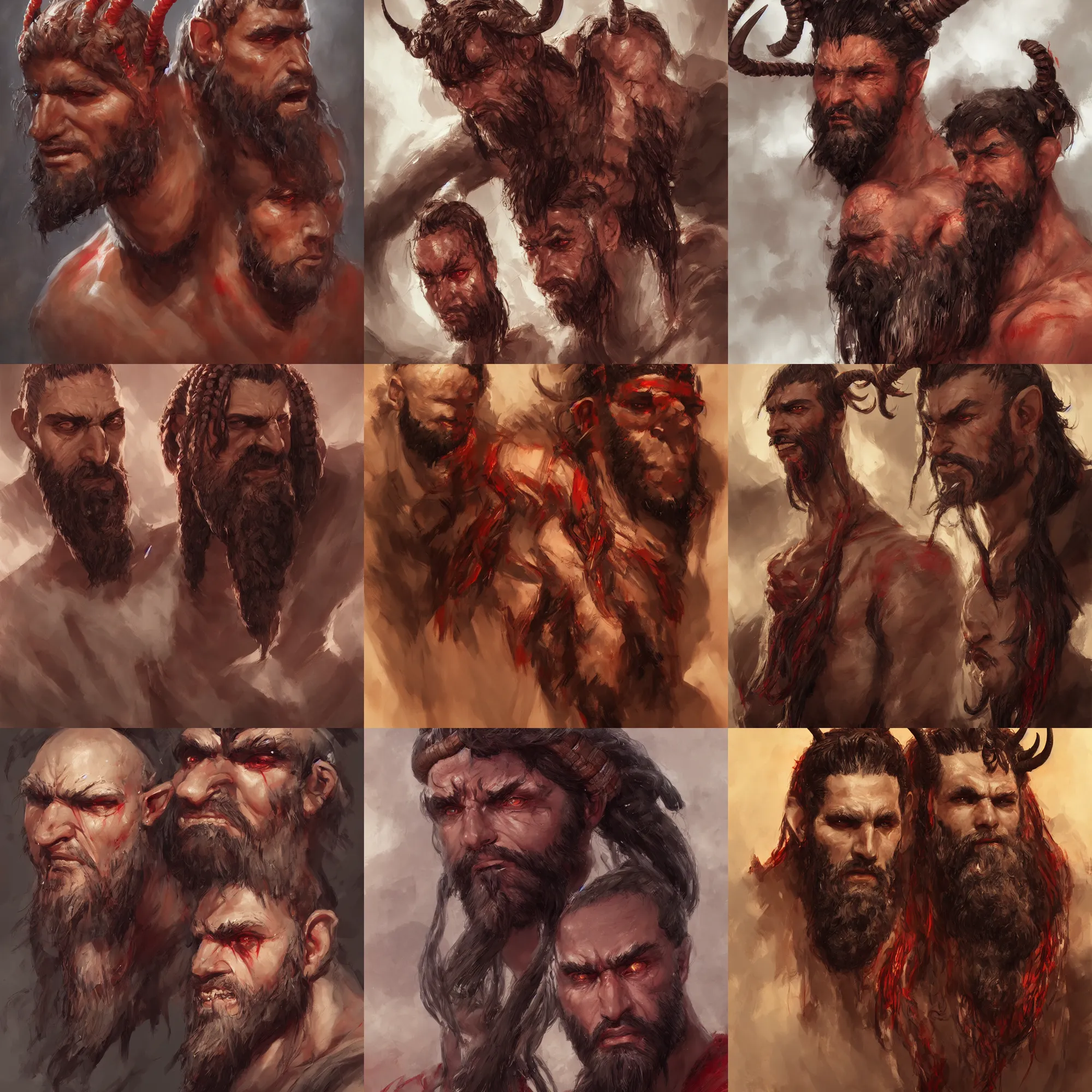 Prompt: painting of goliath, braided hair and beard. Brown skin. Red eyes. Elf ears, horns Portrait. Craig mullins. ArtStation, CGSociety, Unreal Engine