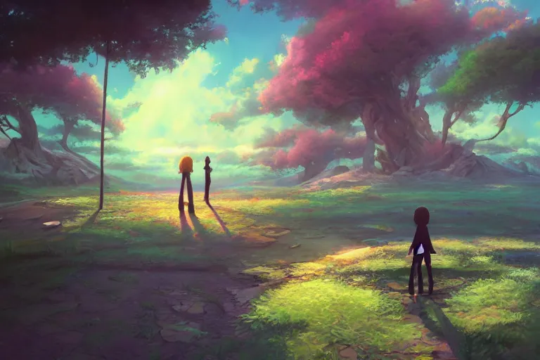 Image similar to a surreal, beautiful alternate dimension | | digital painting by makoto shinkai and alex rommel, trending on artstation