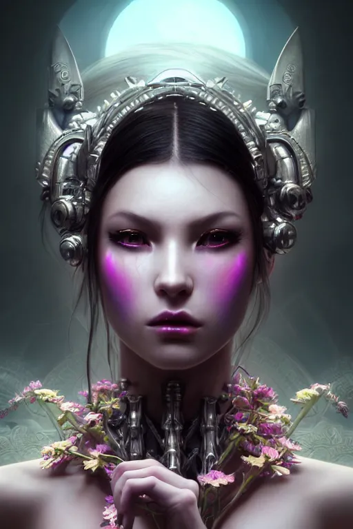 Prompt: ultra detailed, cinematic closeup photo of beautiful, female android deity, sharp focus, no blur, studio photo, model, floodlight. calm, angry, fantasy art, octane render, unreal engine. flowerpunk, noir. photorealistic concept art, triadic color scheme. art by artgerm and wlop and giger and greg rutkowski and alphonse mucha, 8 k