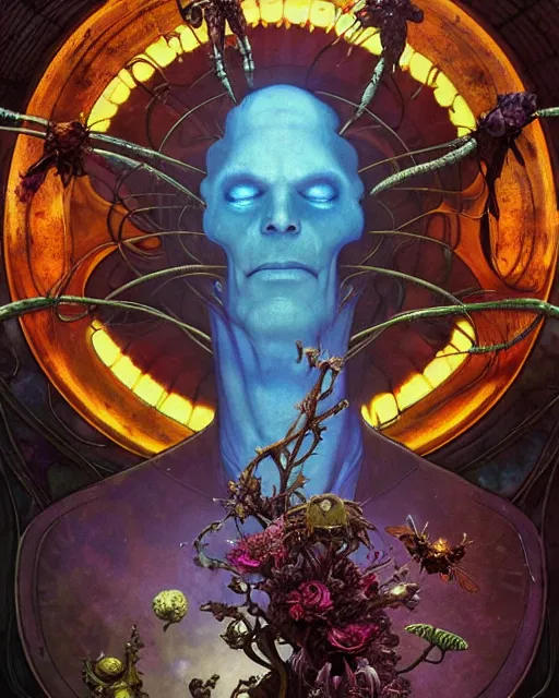 Image similar to the platonic ideal of flowers, rotting, insects and praying of cletus kasady carnage thanos nazgul doctor manhattan chtulu mandelbulb spirited away bioshock davinci heavy rain, d & d, fantasy, ego death, decay, dmt, psilocybin, art by artgerm and greg rutkowski and alphonse mucha