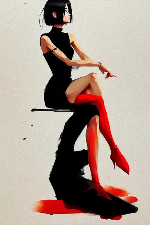 Image similar to a ultradetailed beautiful panting of a stylish woman in a black dress sitting, by conrad roset, greg rutkowski and makoto shinkai trending on artstation