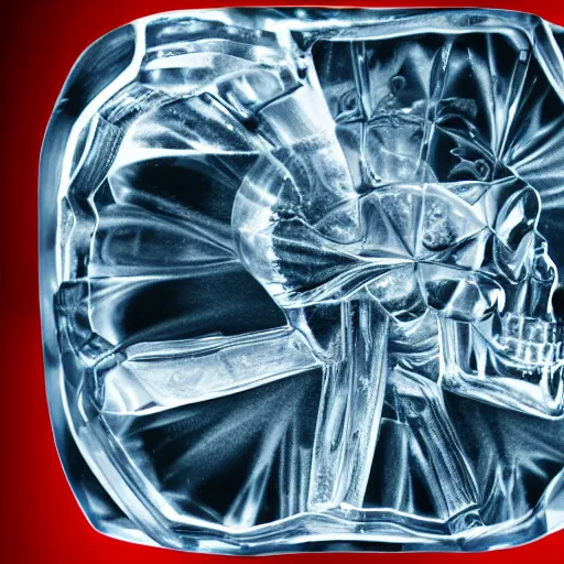 Image similar to a crystal skull inside a block of ice, high detail, 8 k, hd,