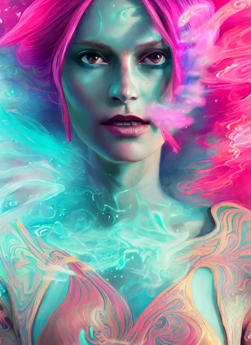 Image similar to psychedelic [ chemiluminescence ] [ [ [ smiling ] ] ] dancing elegant woman chakra spirit with pink hair smoke and fluid dynamics, colorful, psychedelic, ornate, intricate, digital painting, concept art, smooth, sharp focus, illustration, blacklight reacting, art by artgerm and greg rutkowski