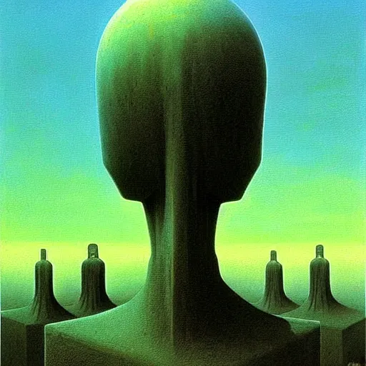 Image similar to dystopian surreal painting aliens in shrouds praying to a single eerie head statue surrounded by uneven buildings, artstyle by zdzisław beksinski