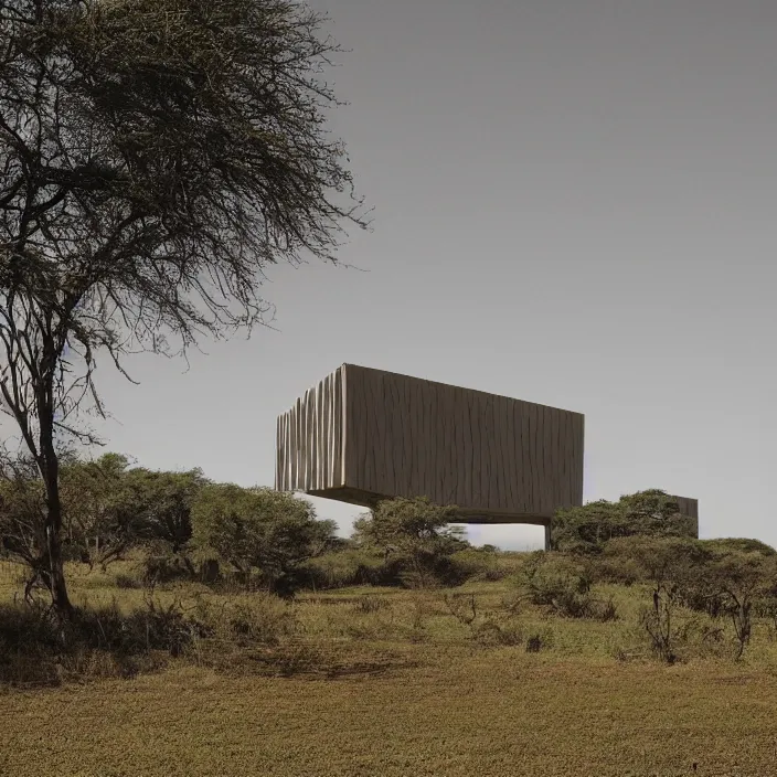 Prompt: a building in a serene landscape, africanfuturism