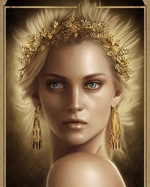 Image similar to tattoo design sketch of hot blonde super model as aphrodite greek goddess wearing a gold laurel wreath and triangle earrings, beautiful piercing gaze with sharp pupils, in the style of greg rutkowski, fantasy, amazing detail, epic, elegant, smooth, sharp focus, front view