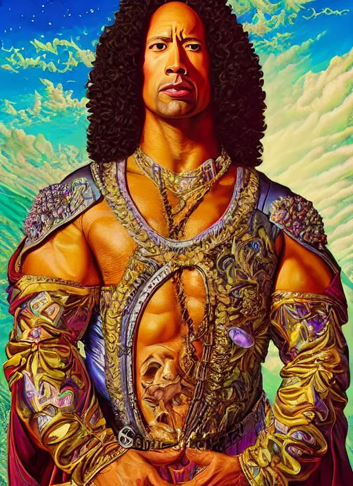 Image similar to beautiful oil painting, full length portrait of Dwayne the rock Johnson as Louis xiv in coronation robes 1701, Dan Mumford, Dan Mumford, Alex grey, Alex grey, highly detailed , lsd visuals, dmt fractal patterns, hallucinogen, visionary art, psychedelic art, ornate, vaporwave, baroque