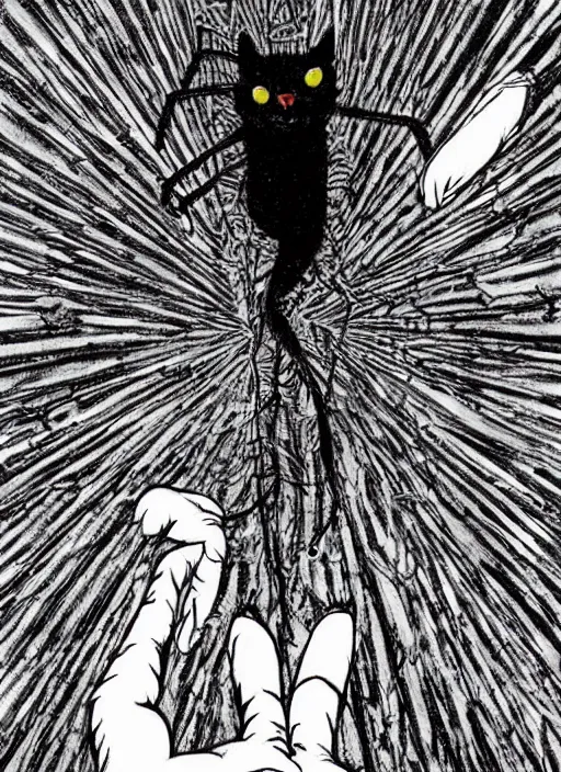 Prompt: a cat with spider legs and spider eyes, walking towards camera, highly detailed, by junji ito.