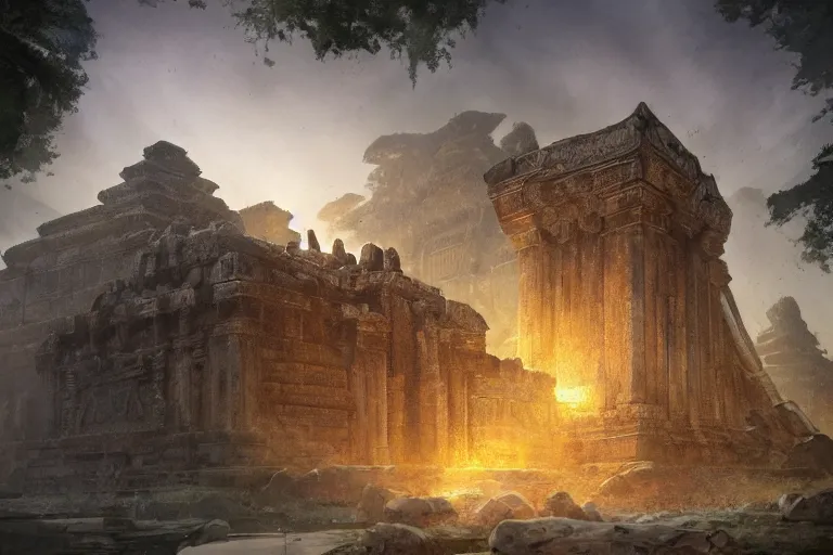 Image similar to the lost ancient temple, in the style of stephan martiniere and vicente segrelles, trending on artstation, back lighting tilt - shift cottagecore, abstract illusionism, movie poster, creature concept art, precisionism