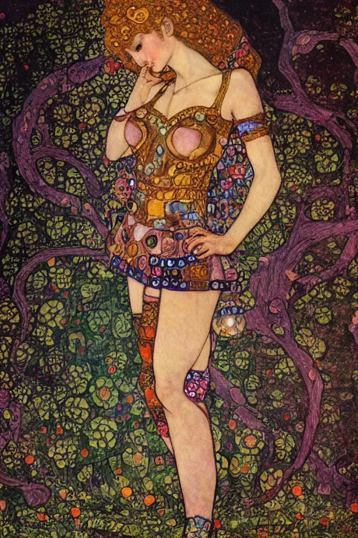 Image similar to hungarian slavic mughal anime cyber magical girl in the style of gustav klimt, gustave dore, full - body scifi character in abandoned workshop ruins environment