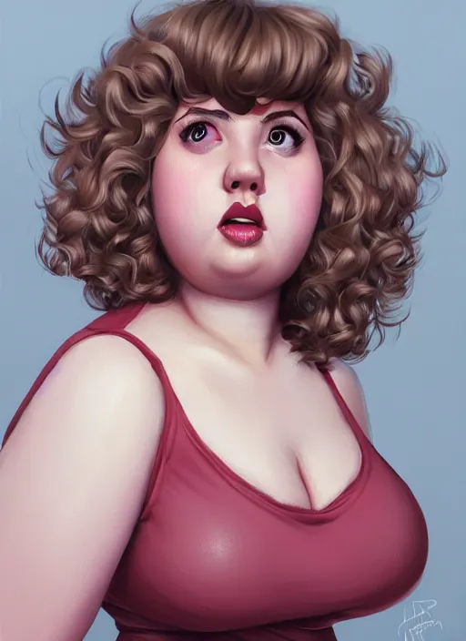 Image similar to full body portrait, teenage betty cooper, blonde hair, obese, bangs, ponytail, sultry, realistic, sultry smirk, fluffy bangs, curly bangs, fat, belly, beautiful girl, intricate, elegant, highly detailed, digital painting, artstation, concept art, smooth, sharp focus, illustration, art by wlop, mars ravelo and greg rutkowski