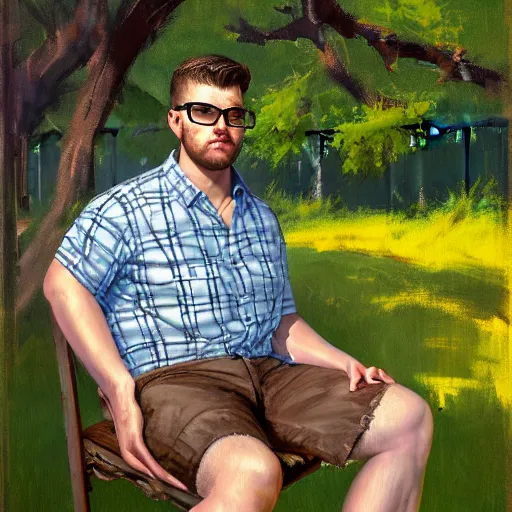 Prompt: painting of a handsome stocky 2 3 year old man with light brown swept back short hair and dark glasses, wearing a blue plaid shirt and khaki shorts, sitting in chair, in front of a decaying white picket fence, by jeremy mann, stylized, detailed, realistic, loose brush strokes