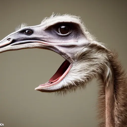 Image similar to ostrich and velociraptor hybrid animal, realistic picture, taken in zoo