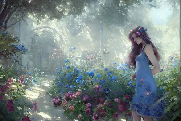 Image similar to a beautiful painting of blue roses garden, girl, by greg rutkowski, trending on artstation