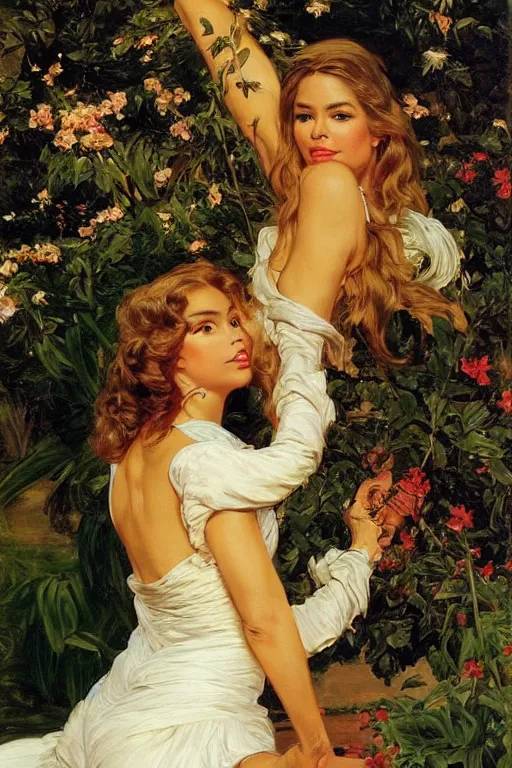 Prompt: Sofia Vergara, golden hour, in a garden, artstation, by J. C. Leyendecker and Peter Paul Rubens,