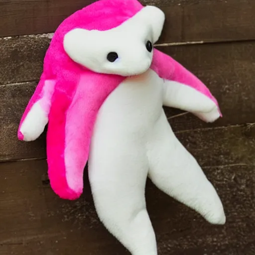 Image similar to a creepy white - and - pink coati plushie made with rough fabric and wearing a shirt