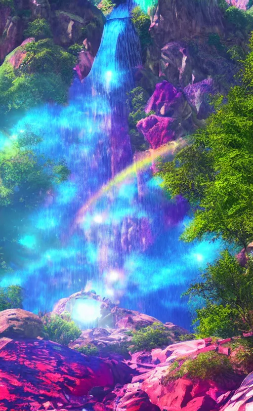 Image similar to looking up to a large rock mountain with a water fall flowing down from the top, the sun is behind it, neon colors, blue, pink, 8 k, concept art, ultra detailed, photo, award winning