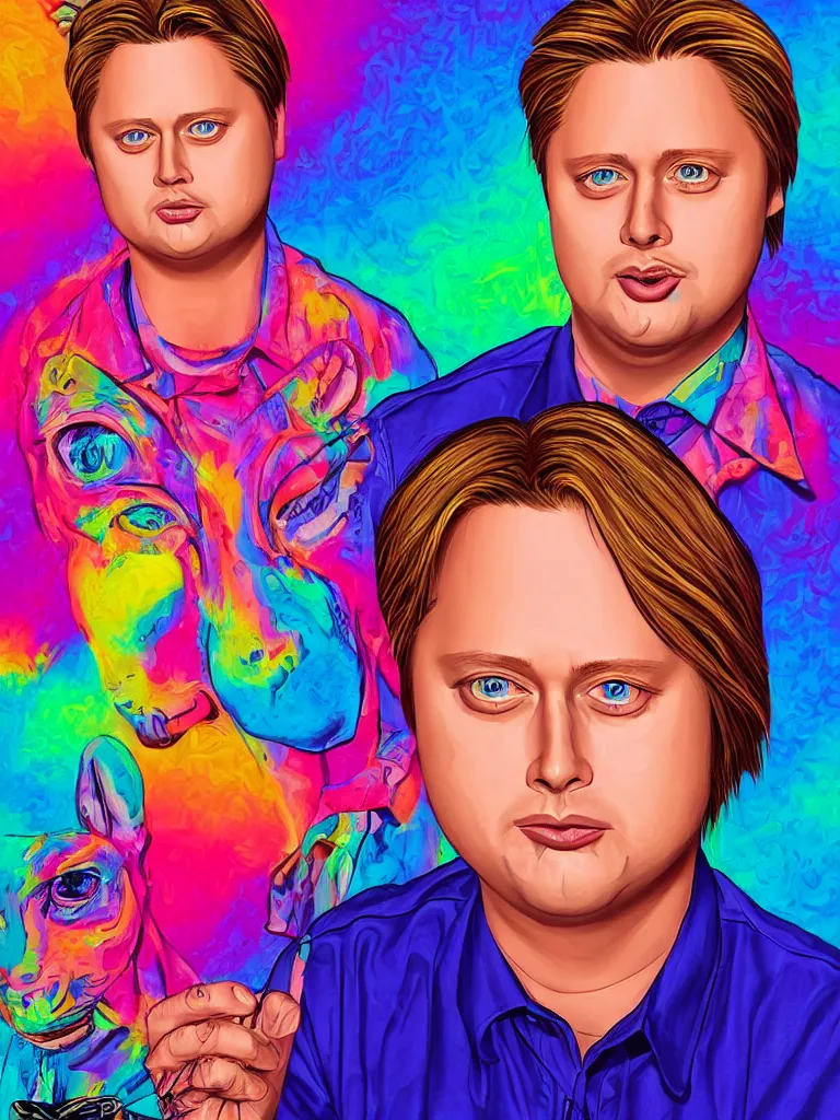 Image similar to realistic beautiful portrait of tim heidecker by Lisa Frank, synthwave funny style