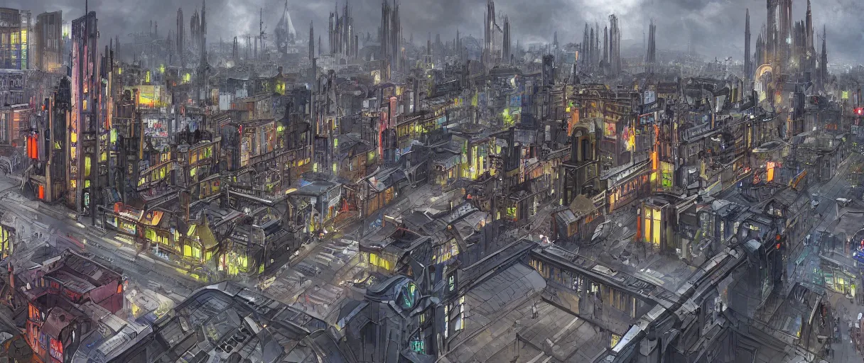 Prompt: digital concept art of dystopian, gothic berlin, high quality, high detail, in the style of Ralph McQuarrie, megacity surrounded by huge impenetrable walls, large hero buildings in the middle towering above the others, tram stations, metro, vivid colours, matte painting, photoshop