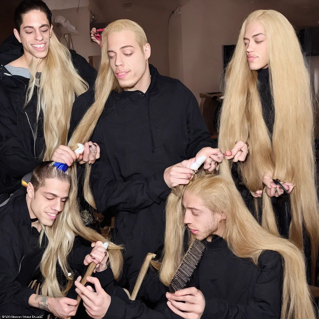 Image similar to pete davidson brushing jessica's long blond hair with a huge hairbrush, comically large hairbrush, ultra - realistic photograph