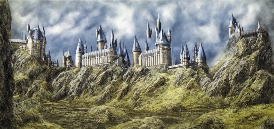 Image similar to Hogwarts landscape painted by Alan Lee