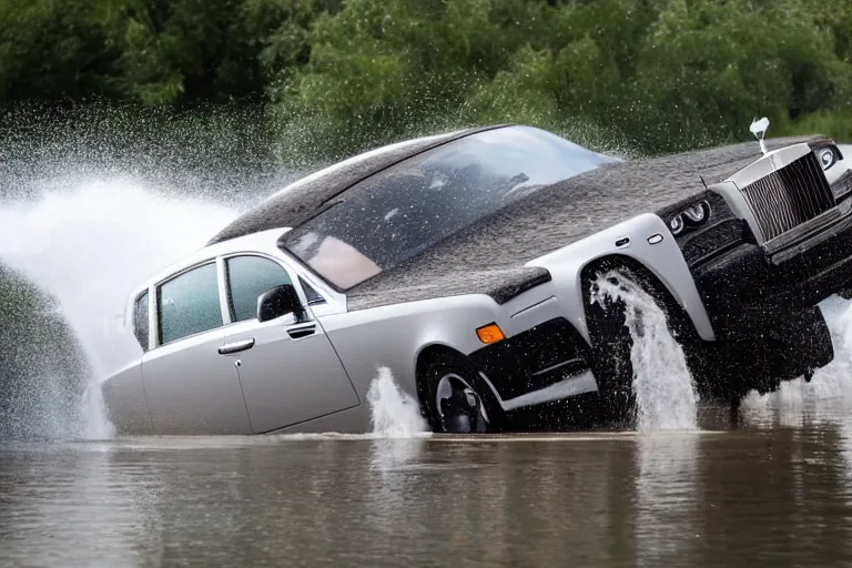 Image similar to Group of teenagers push Rolls-Royce into lake from small slide