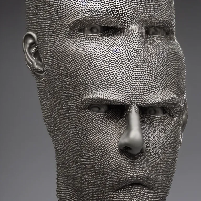 Prompt: studio photograph of hyperrealistic accurate portrait sculpture of tom cruise, beautiful symmetrical!! face accurate face detailed face realistic proportions, made of chain mail and plate armor on a pedestal by ron mueck and frank frazzetta, hyperrealism cinematic lighting shocking detail 8 k