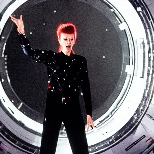 Prompt: david bowie performing on top of a spaceship in space