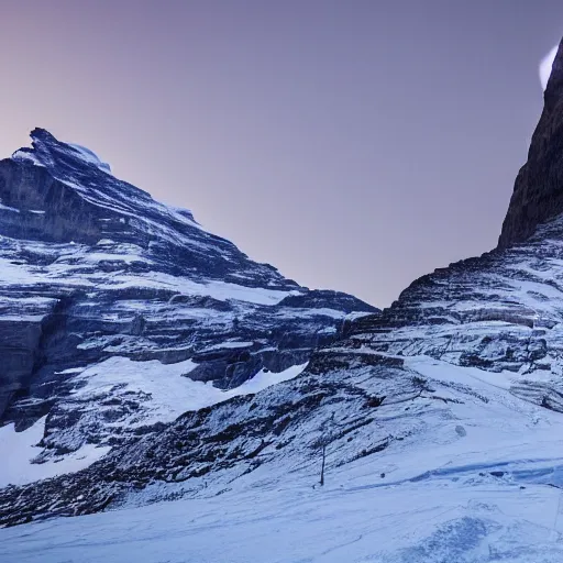 Image similar to the Eiger north face with a bright light beam shining straight up into the sky