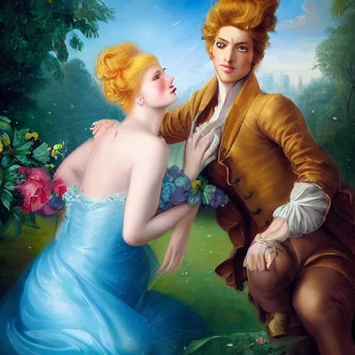 Image similar to A vintage rococo painting Charlie Bowater and Gabrielle Ragusi by Salvador Dalle Lisa Frank :: He always knew she was the one :: dapper man handsome with beautiful hair and brown eyes, a smile to take your breath away. Cute and mine from the first meeting until the end of time :: hd - H 960