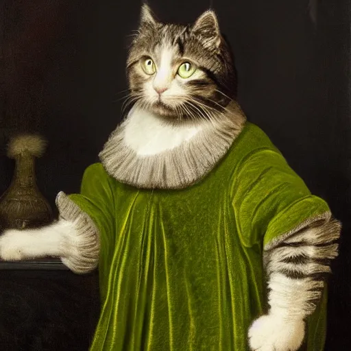 Prompt: a fluffy dark tabby cat with green eyes wearing aristocratic robes in the style of Rembrandt