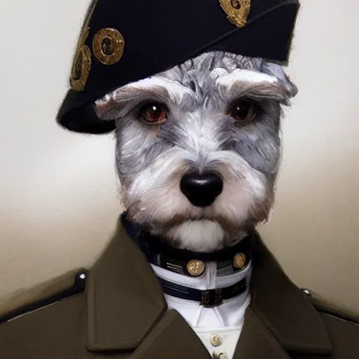 Image similar to portrait of stoic looking miniature schnauzer, military uniform, black fir, white eyebrows, fantasy, intricate, elegant, highly detailed, centered, dark, smokey, digital painting, artstation, concept art, smooth, sharp focus, illustration, art by artgerm and greg rutkowski and alphonse mucha