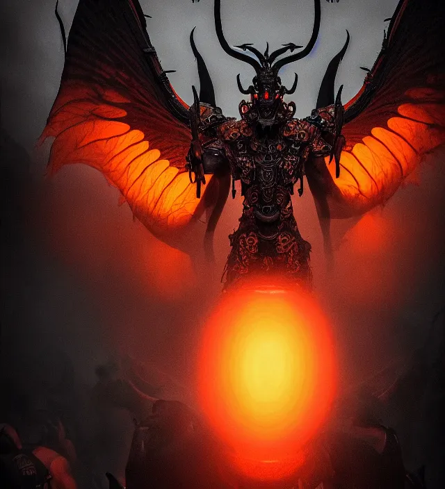 Image similar to a symmetrical matte portrait of the black dragon god with glowing orange eyes, vast wings and twisting horns addressing a crowd of bowing hooded devotees. cinematic atmospheric lighting, dark, atmospheric, brooding, painted, intricate, ultradetailed. by dave dorman, well composed, best on artstation, cgsociety, epic, stunning, gorgeous, intricate details, wow, masterpiece