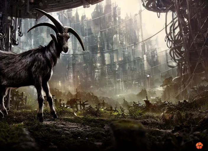 Image similar to intricate goat from overlord anime, on the background of a weird magical mechanical forest. Very detailed 8k. Fantasy cyberpunk horror. Sharp. Cinematic post-processing. Unreal engine. Nanite rendering. Ray tracing