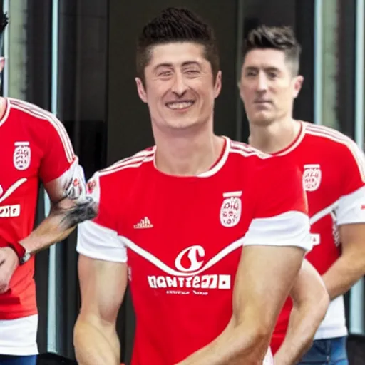 Image similar to robert lewandowski in a kfc t - shirt