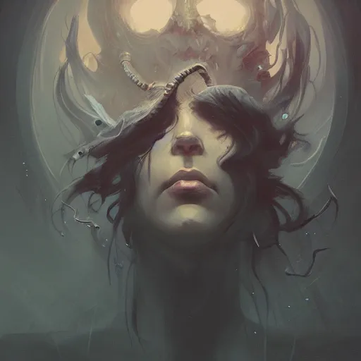 Image similar to portrait of a dark sombre woman, concept art by pete mohrbacher and seb mckinnon and beksinski and josan gonzales, digital art, highly detailed, intricate, sci-fi, sharp focus, Trending on Artstation HQ, deviantart, unreal engine 5, 4K UHD image