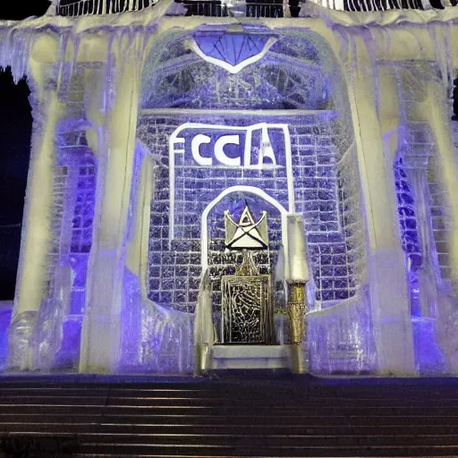 Image similar to photograph of the 2 0 foot high elaborate occult masonic illuminati ice sculpture from lady gaga's presidential funeral