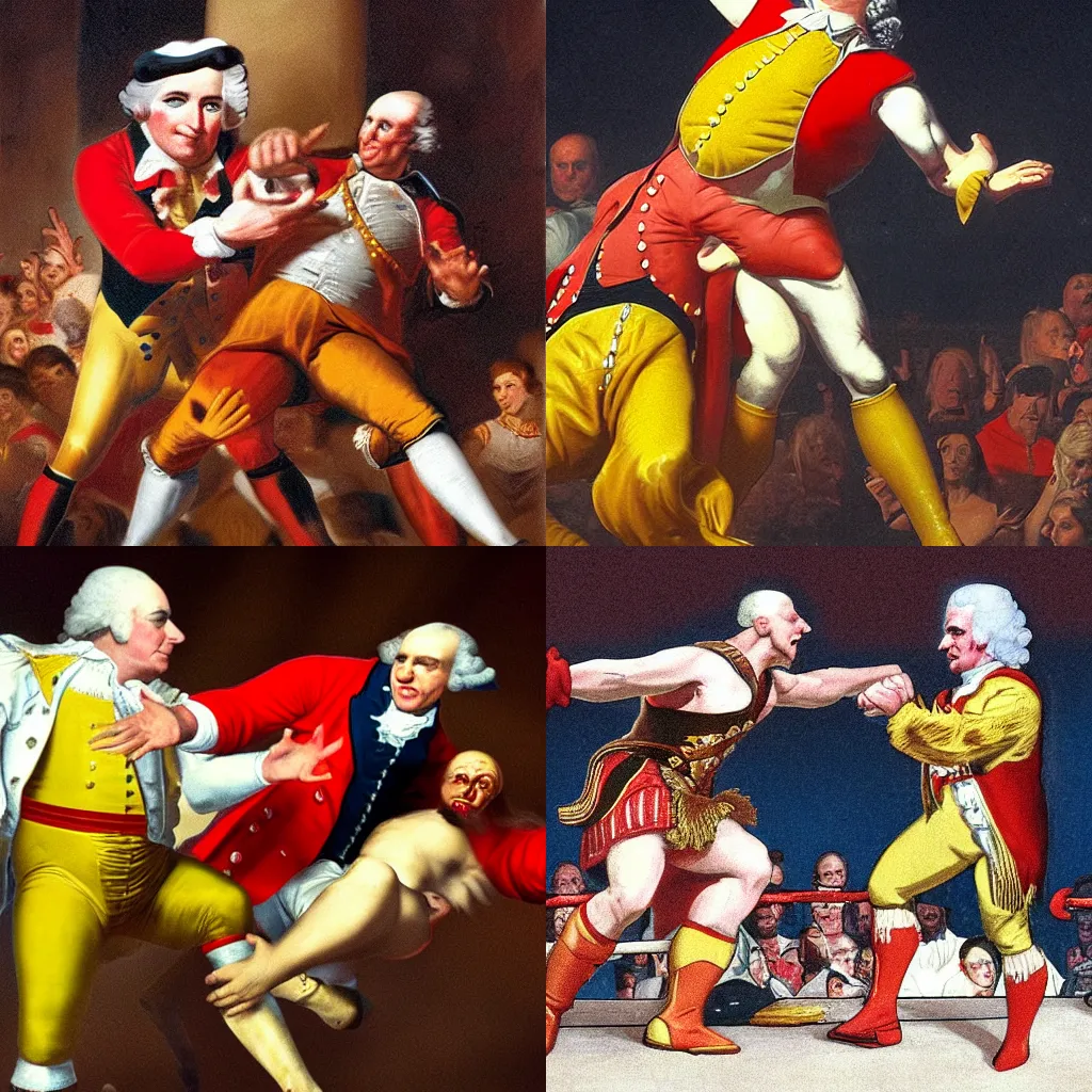 Prompt: realistic photograph of George Washington hitting Ronald McDonald with a Stone Cold Stunner, WWE live event photography