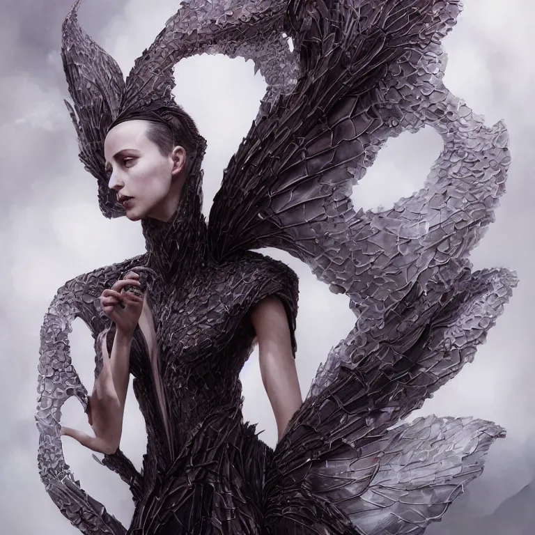 Prompt: beautiful cinematic fantasy character concept of an elegant fierce woman wearing haute couture by iris van herpen and Yohji Yamamoto and Neri Oxmanand Niccolo Casas and anouk wipprecht and behnaz farahi and jessica rosenkrantz and noa raviv and jun kamei , hybrid, by artgerm; wayne reynolds art station; cinematic quality character render; low angle; ultra high quality model; production quality cinema model;