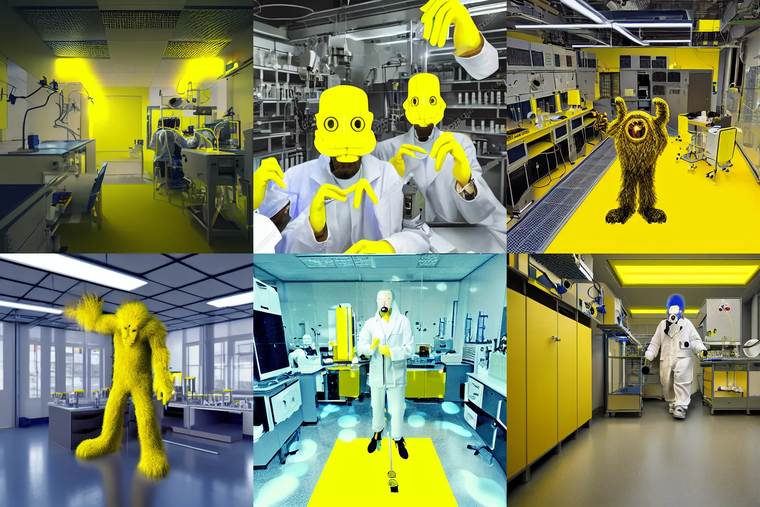 Prompt: hairy monster in laboratory clean room, technology, photolithography, yellow artificial lighting, photorealistic