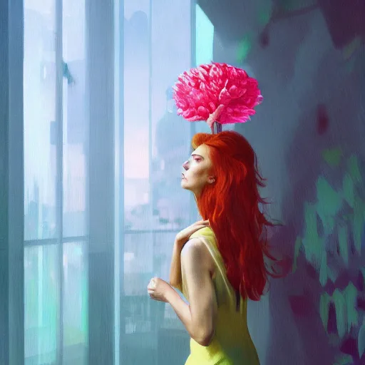 Image similar to closeup, giant flower head, woman next to modern windows, luxury apartment, surreal photography, dramatic light, impressionist painting, digital painting, artstation, james gilleard